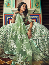 Load image into Gallery viewer, Sea Green Net Semi Stitched Lehenga With Unstitched Blouse Clothsvilla