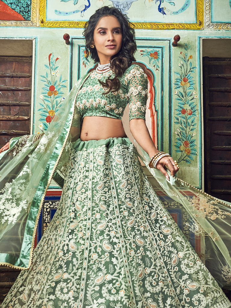 Sea Green Net Semi Stitched Lehenga With Unstitched Blouse Clothsvilla