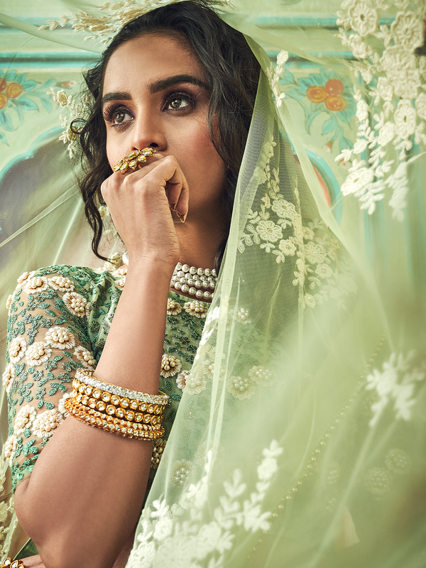 Sea Green Net Semi Stitched Lehenga With Unstitched Blouse Clothsvilla