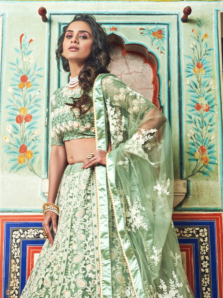 Sea Green Net Semi Stitched Lehenga With Unstitched Blouse Clothsvilla