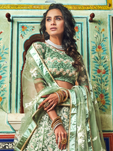 Load image into Gallery viewer, Sea Green Net Semi Stitched Lehenga With Unstitched Blouse Clothsvilla