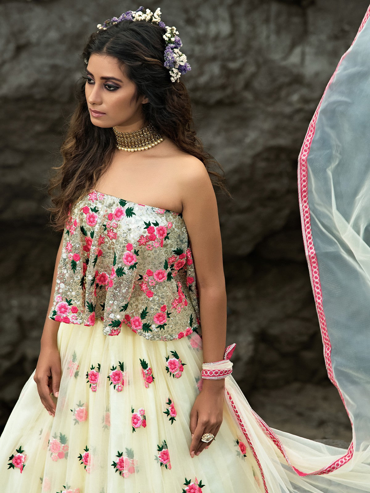 Designer White Semi Stitched Lehenga With Unstitched Blouse Secondary image
