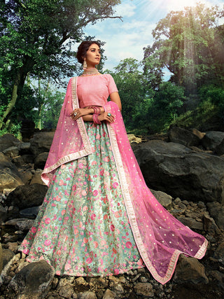 Sea Green Stunning Semi Stitched Lehenga With  Unstitched Blouse Clothsvilla