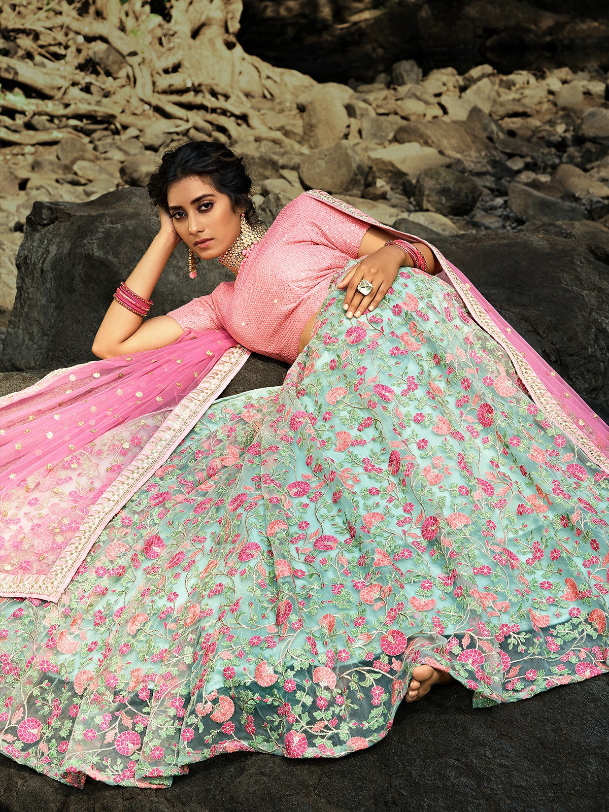 Sea Green Stunning Semi Stitched Lehenga With  Unstitched Blouse Clothsvilla