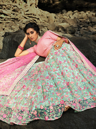 Sea Green Stunning Semi Stitched Lehenga With  Unstitched Blouse Clothsvilla