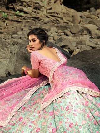 Sea Green Stunning Semi Stitched Lehenga With  Unstitched Blouse Clothsvilla