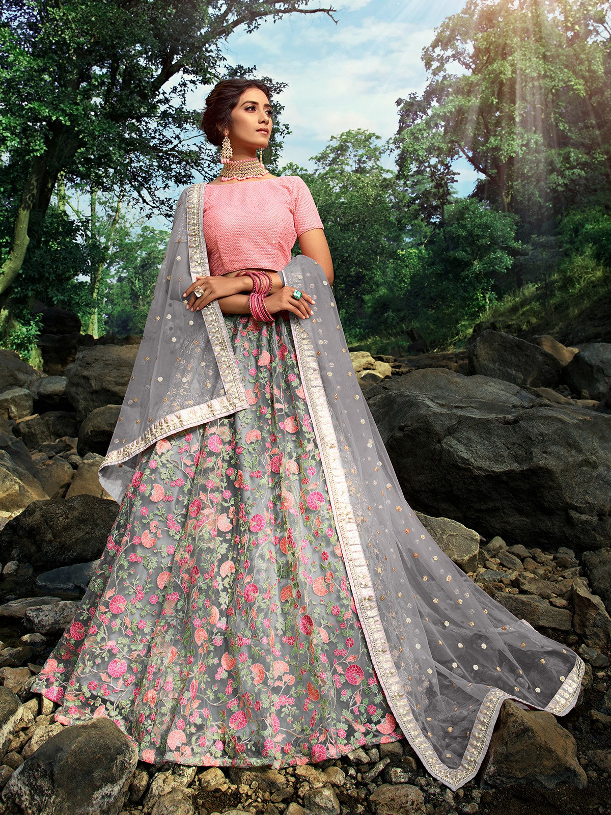 Grey Designer Semi Stitched Lehenga With  Unstitched Blouse Clothsvilla Main image