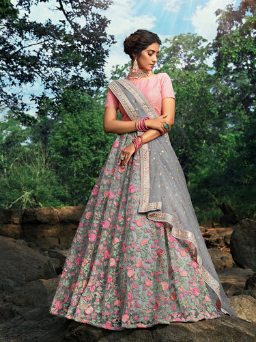 Grey Designer Semi Stitched Lehenga With  Unstitched Blouse Clothsvilla