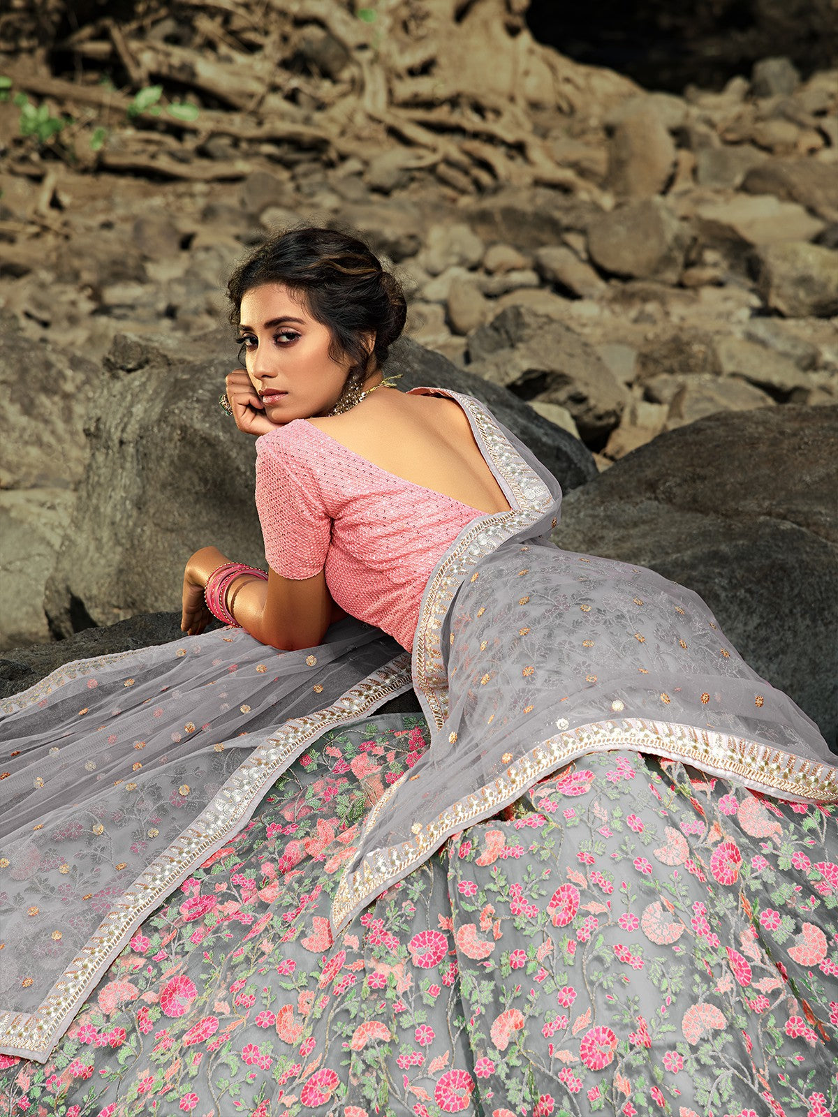 Grey Designer Semi Stitched Lehenga With  Unstitched Blouse Clothsvilla