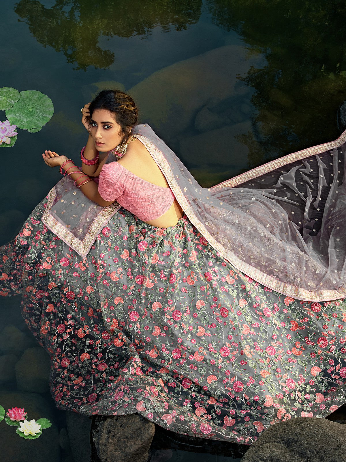 Grey Designer Semi Stitched Lehenga With  Unstitched Blouse Clothsvilla