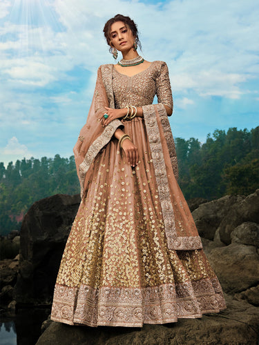 Brown Sequins Soft Net Semi Stitched Lehenga With  Unstitched Blouse Clothsvilla