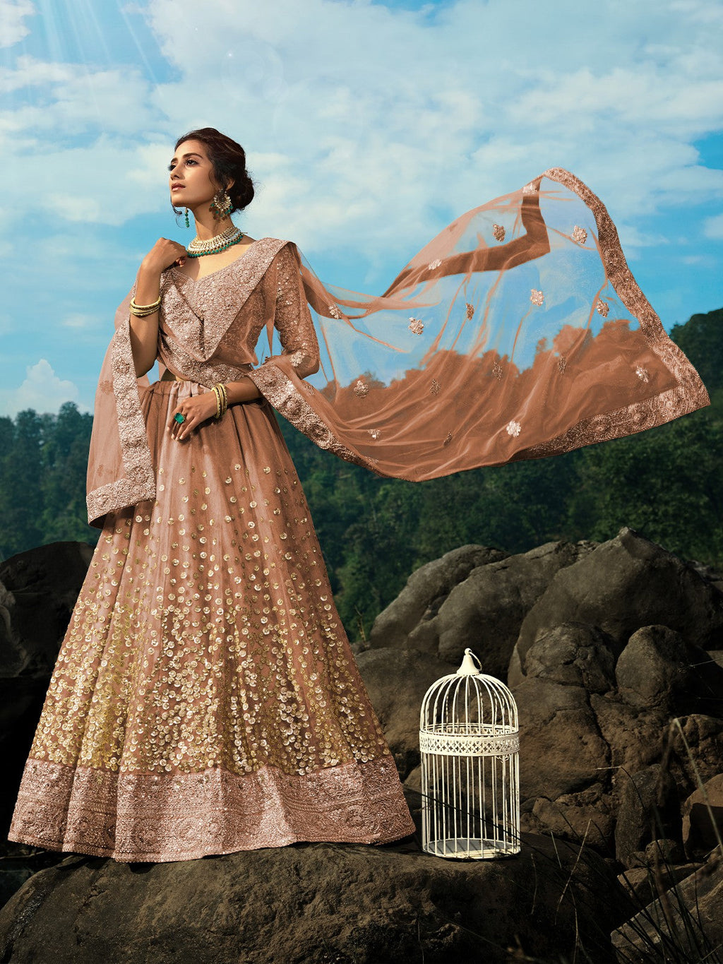 Brown Sequins Soft Net Semi Stitched Lehenga With  Unstitched Blouse Clothsvilla