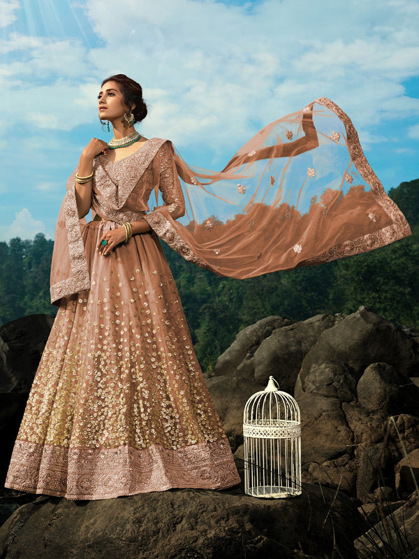 Brown Sequins Soft Net Semi Stitched Lehenga With  Unstitched Blouse Clothsvilla