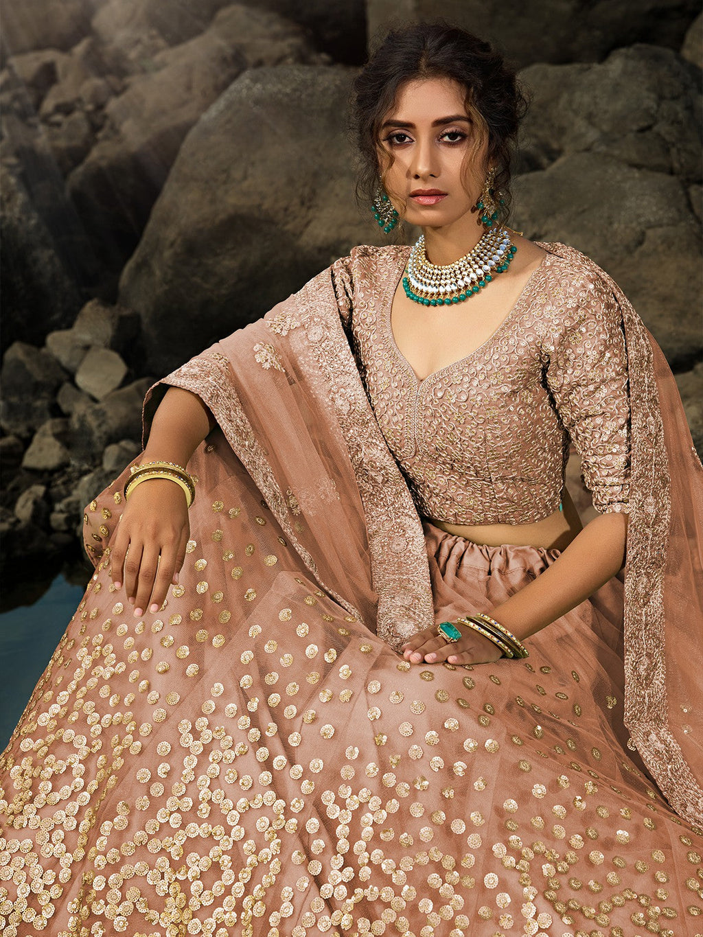 Brown Sequins Soft Net Semi Stitched Lehenga With  Unstitched Blouse Clothsvilla