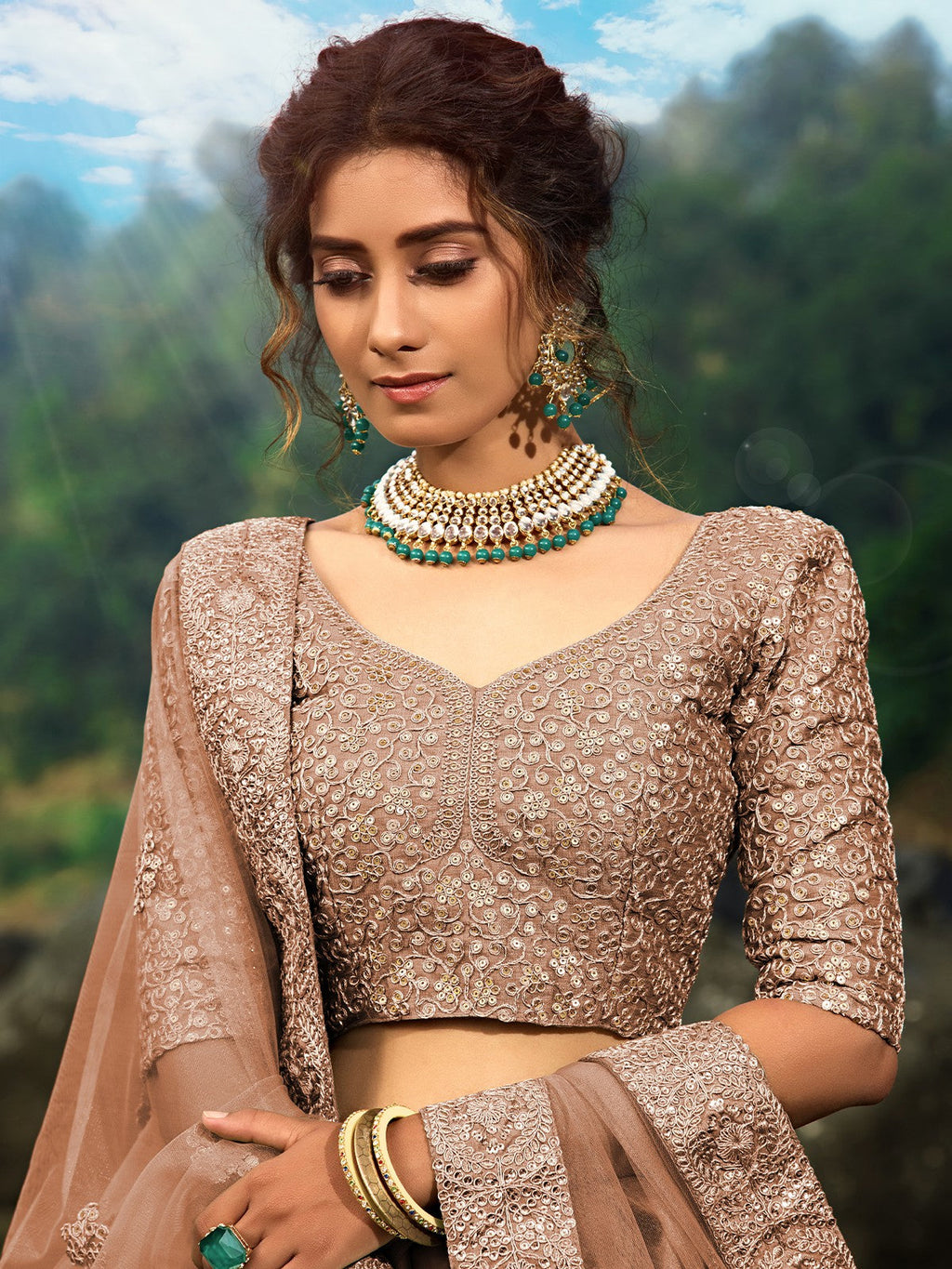 Brown Sequins Soft Net Semi Stitched Lehenga With  Unstitched Blouse Clothsvilla