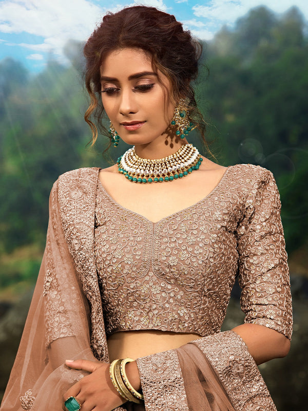 Brown Sequins Soft Net Semi Stitched Lehenga With  Unstitched Blouse Clothsvilla