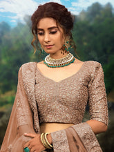Load image into Gallery viewer, Brown Sequins Soft Net Semi Stitched Lehenga With  Unstitched Blouse Clothsvilla