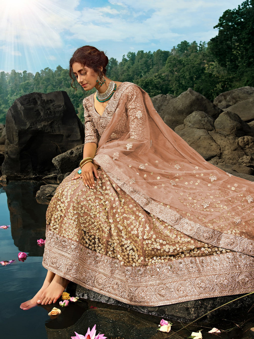Brown Sequins Soft Net Semi Stitched Lehenga With  Unstitched Blouse Clothsvilla