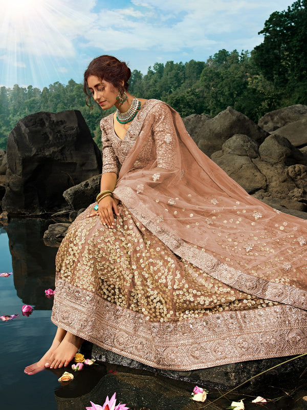 Brown Sequins Soft Net Semi Stitched Lehenga With  Unstitched Blouse Clothsvilla