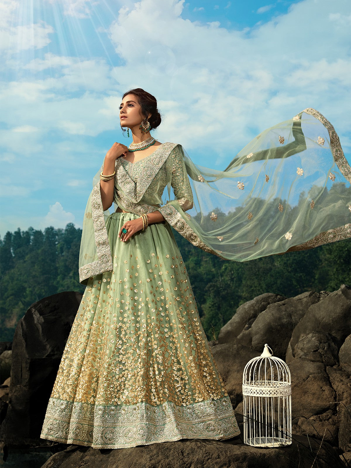 Green Sequins  Sassy Semi Stitched Lehenga With  Unstitched Blouse Clothsvilla Main image