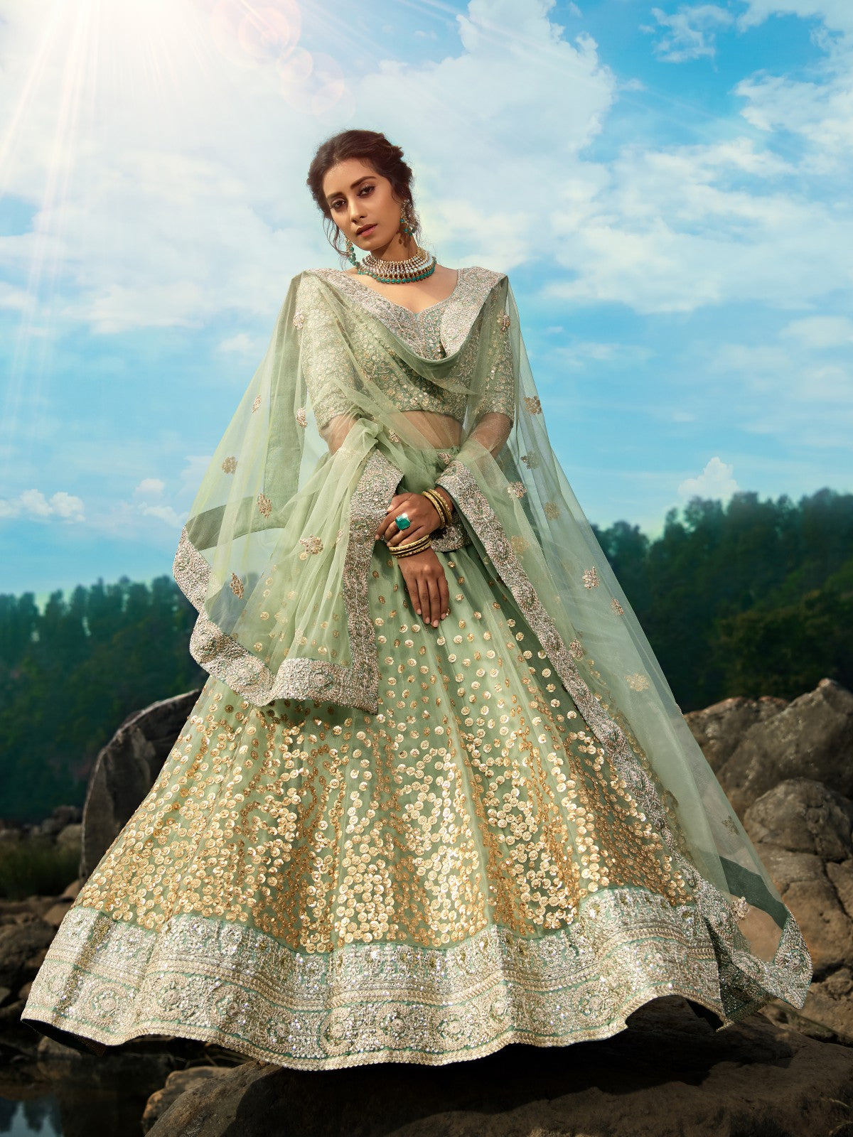 Green Sequins Sassy Semi Stitched Lehenga With Unstitched Blouse Secondary image
