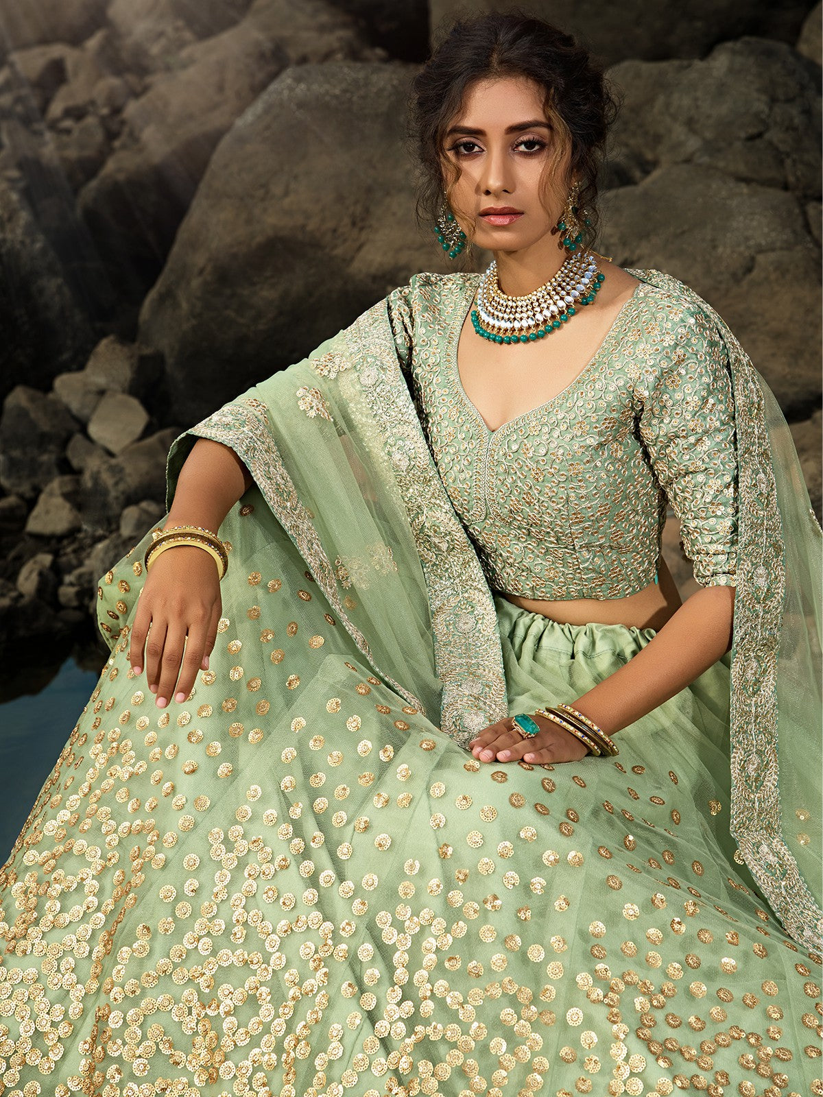 Green Sequins  Sassy Semi Stitched Lehenga With  Unstitched Blouse Clothsvilla