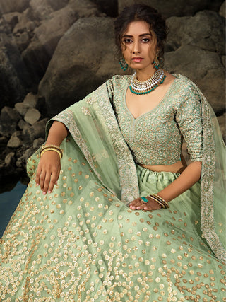 Green Sequins  Sassy Semi Stitched Lehenga With  Unstitched Blouse Clothsvilla