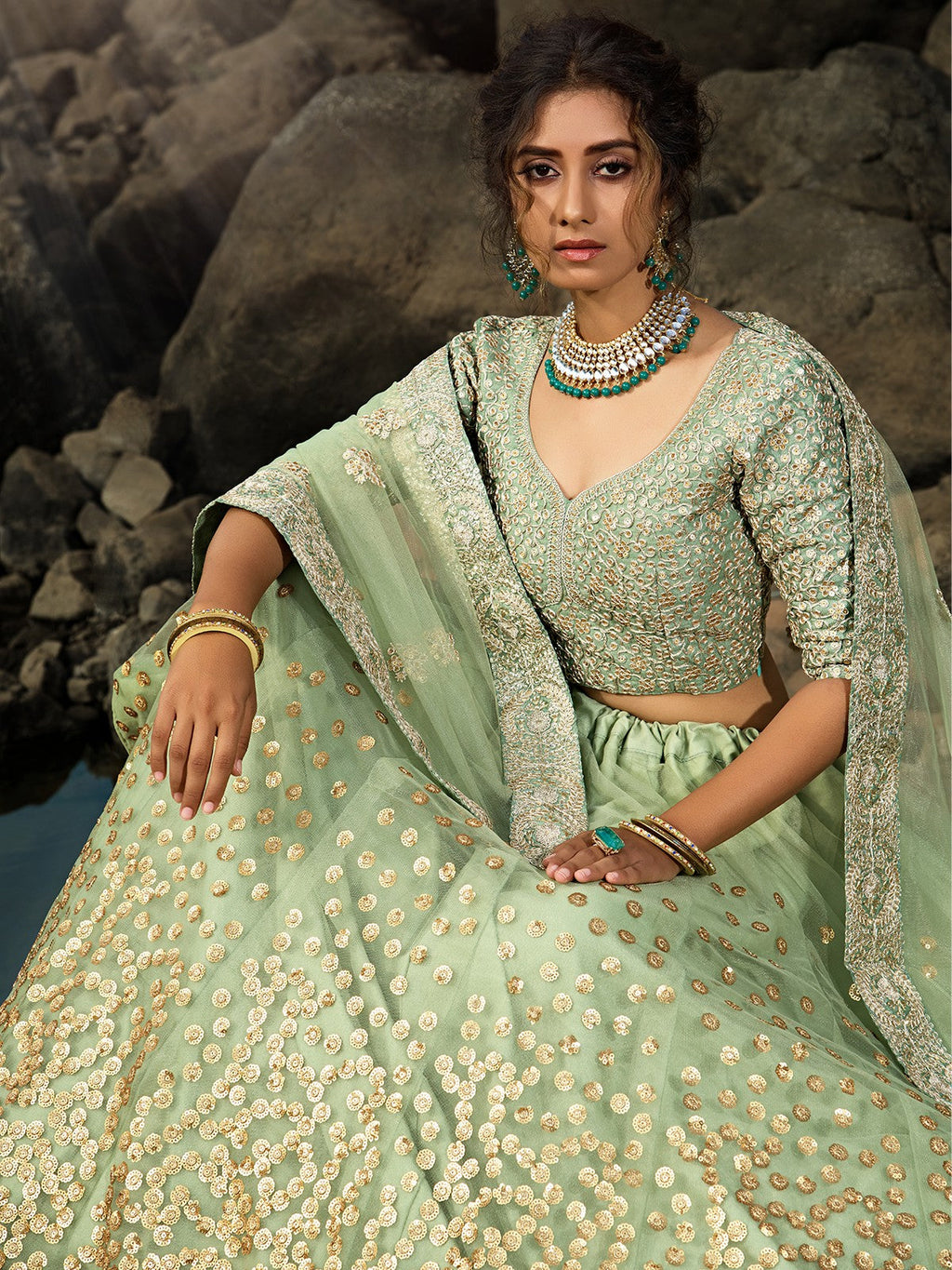 Green Sequins  Sassy Semi Stitched Lehenga With  Unstitched Blouse Clothsvilla