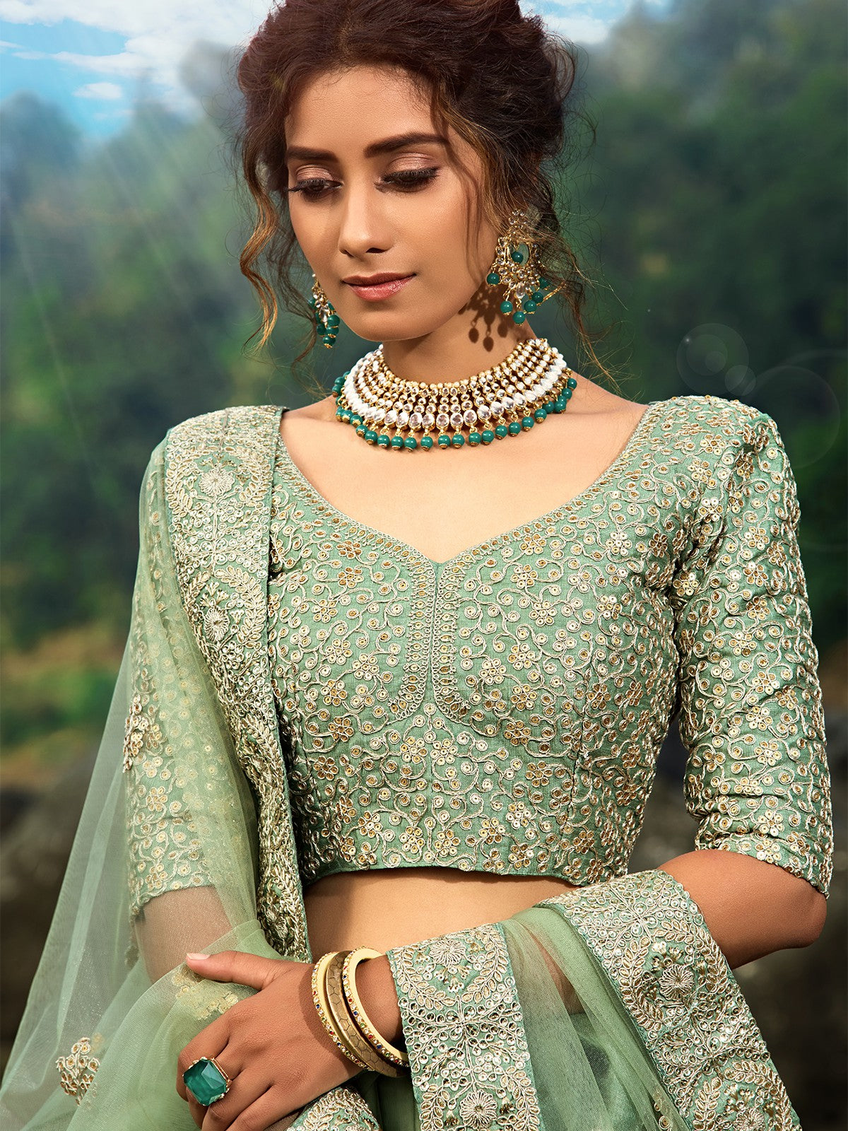 Green Sequins  Sassy Semi Stitched Lehenga With  Unstitched Blouse Clothsvilla