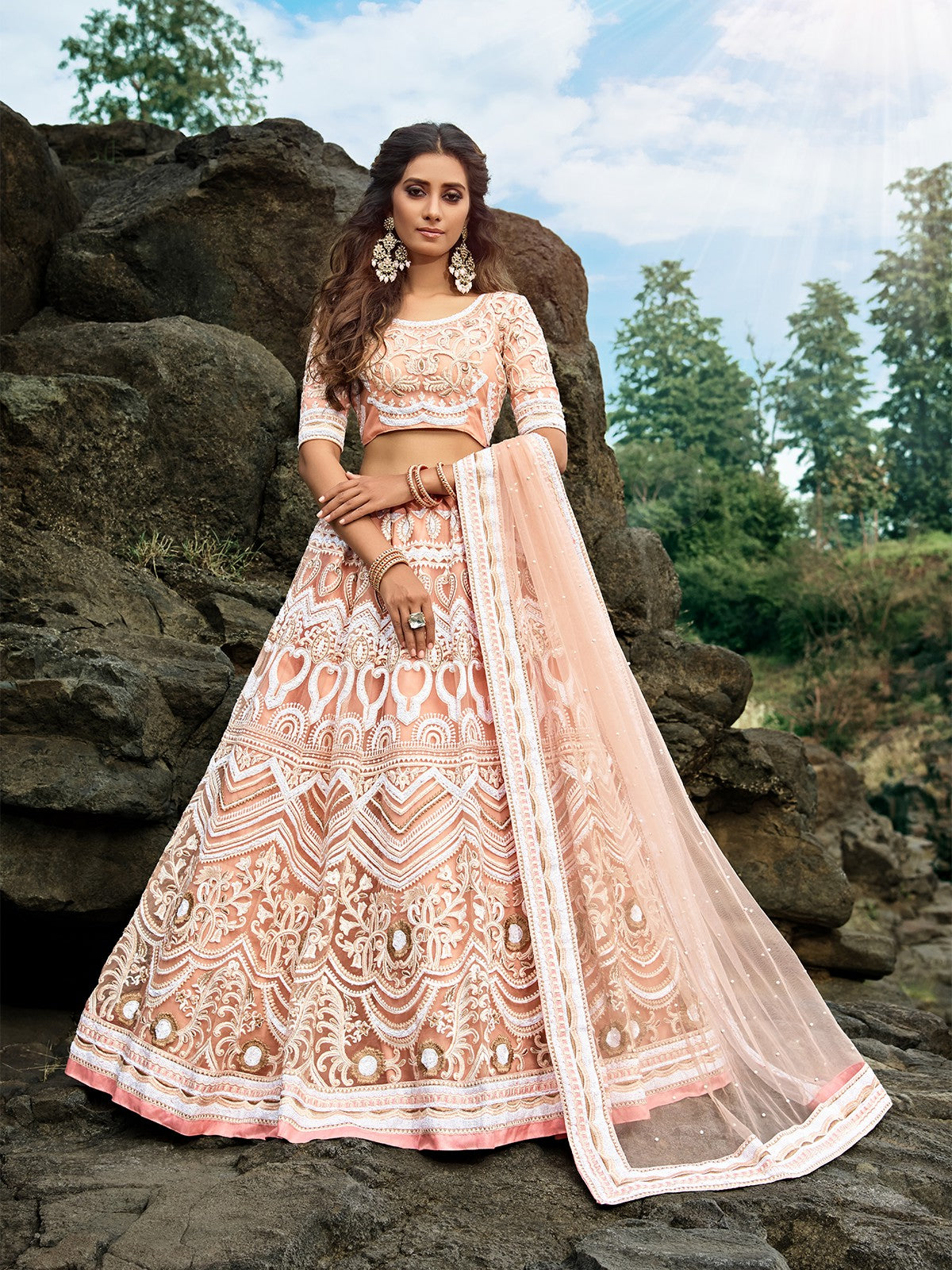 Peach Soft Net Sequins Semi Stitched Lehenga With Unstitched Blouse Clothsvilla Main image