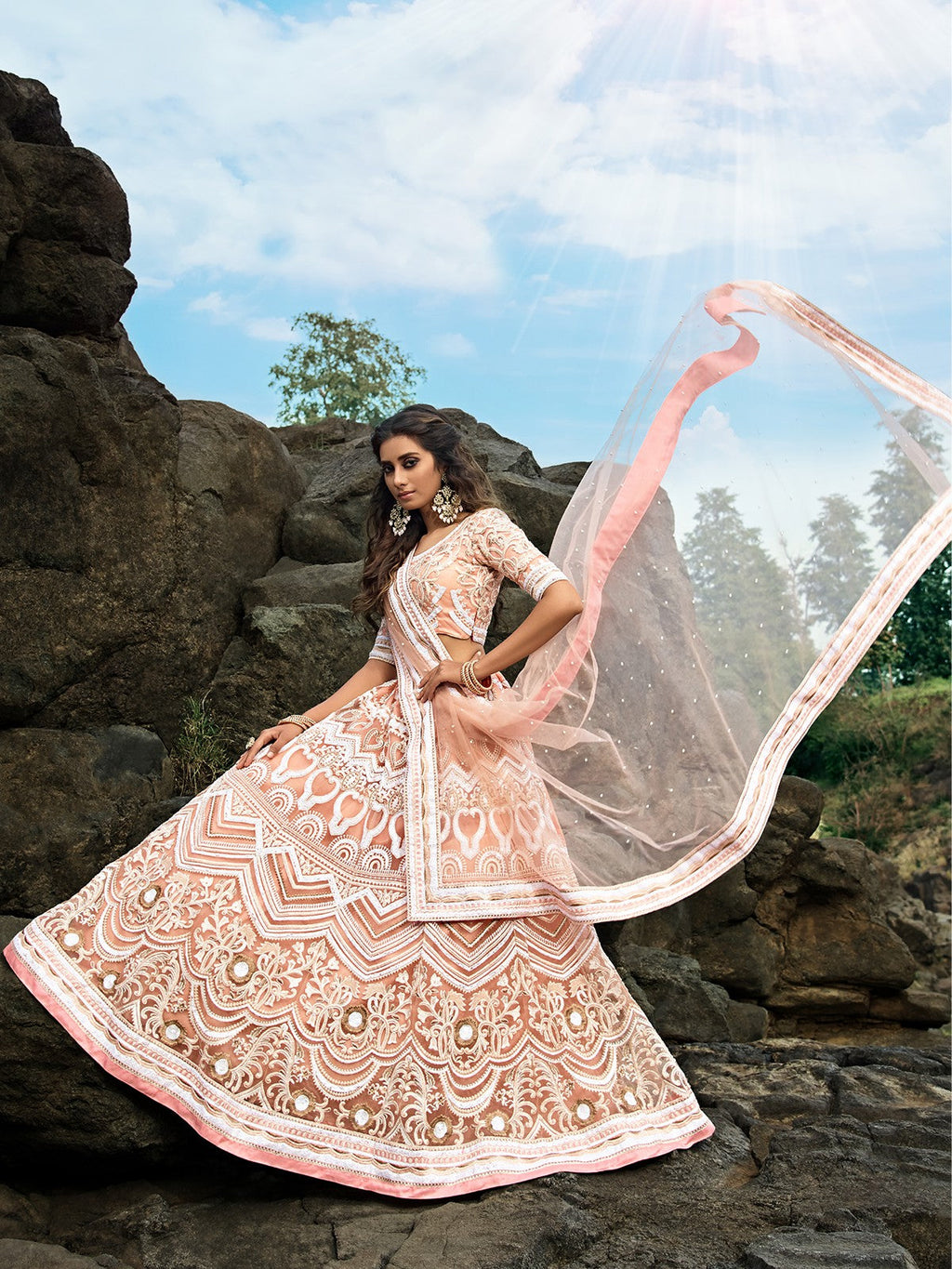 Peach Soft Net Sequins Semi Stitched Lehenga With Unstitched Blouse Clothsvilla