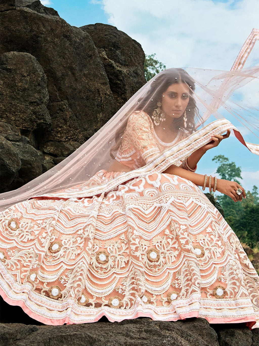 Peach Soft Net Sequins Semi Stitched Lehenga With Unstitched Blouse Clothsvilla