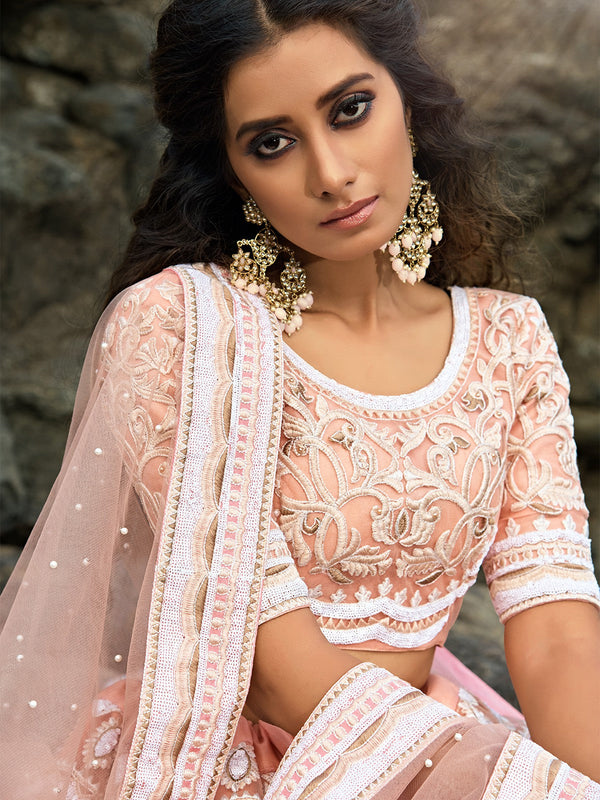 Peach Soft Net Sequins Semi Stitched Lehenga With Unstitched Blouse Clothsvilla