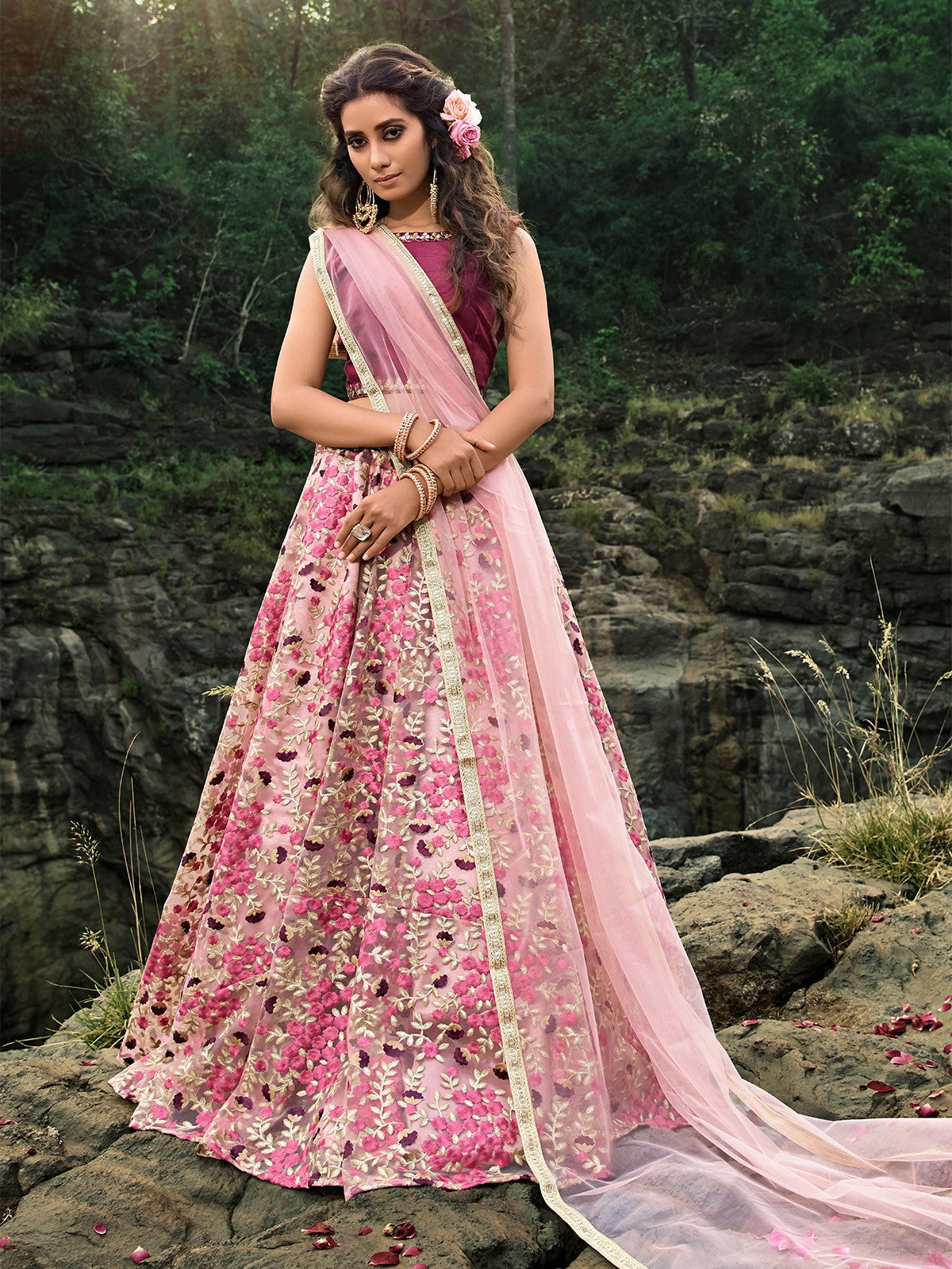 Designer Pink Stone Feathers Lehenga In Silk SF020221IN – Siya Fashions