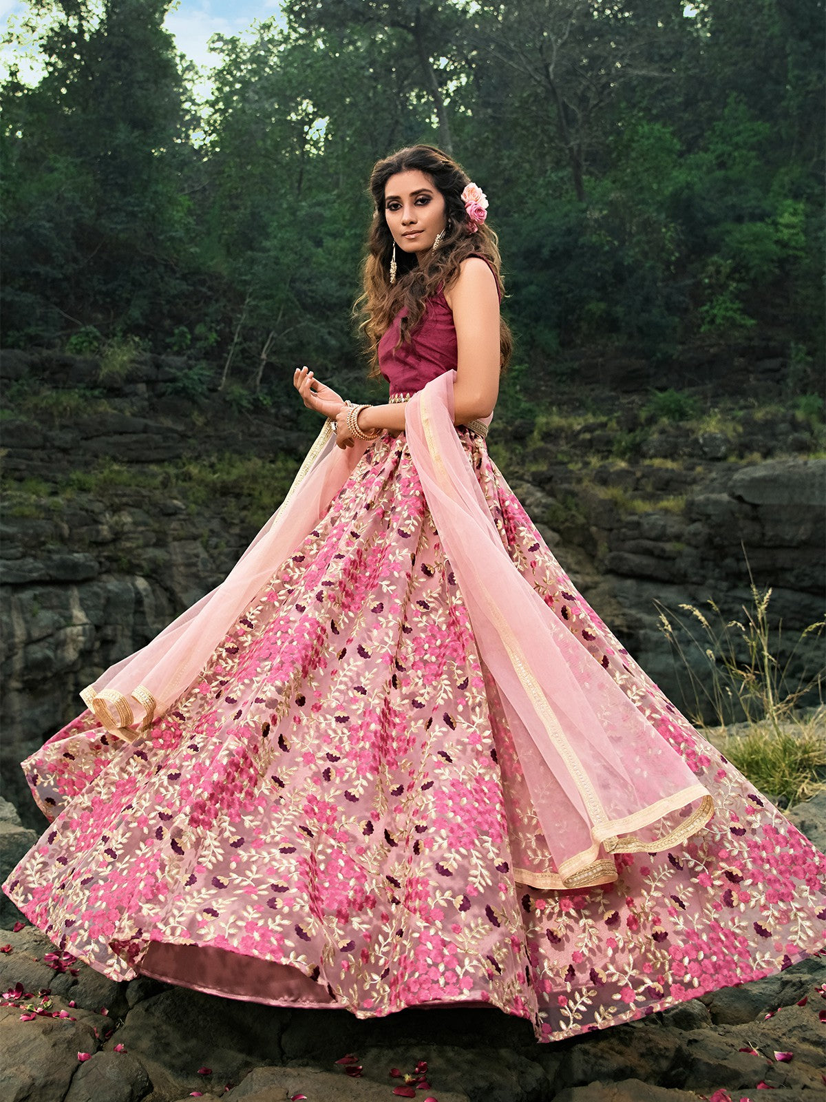 Designer Pink Semi Stitched Lehenga With  Unstitched Blouse Clothsvilla
