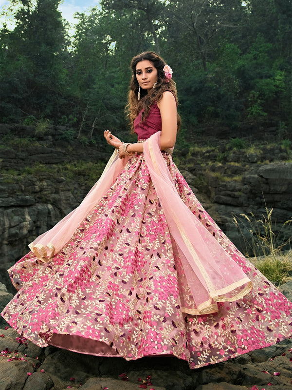 Designer Pink Semi Stitched Lehenga With  Unstitched Blouse Clothsvilla