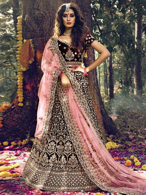 Maroon Pure Velvet Semi Stitched Lehenga With  Unstitched Blouse Clothsvilla Main image