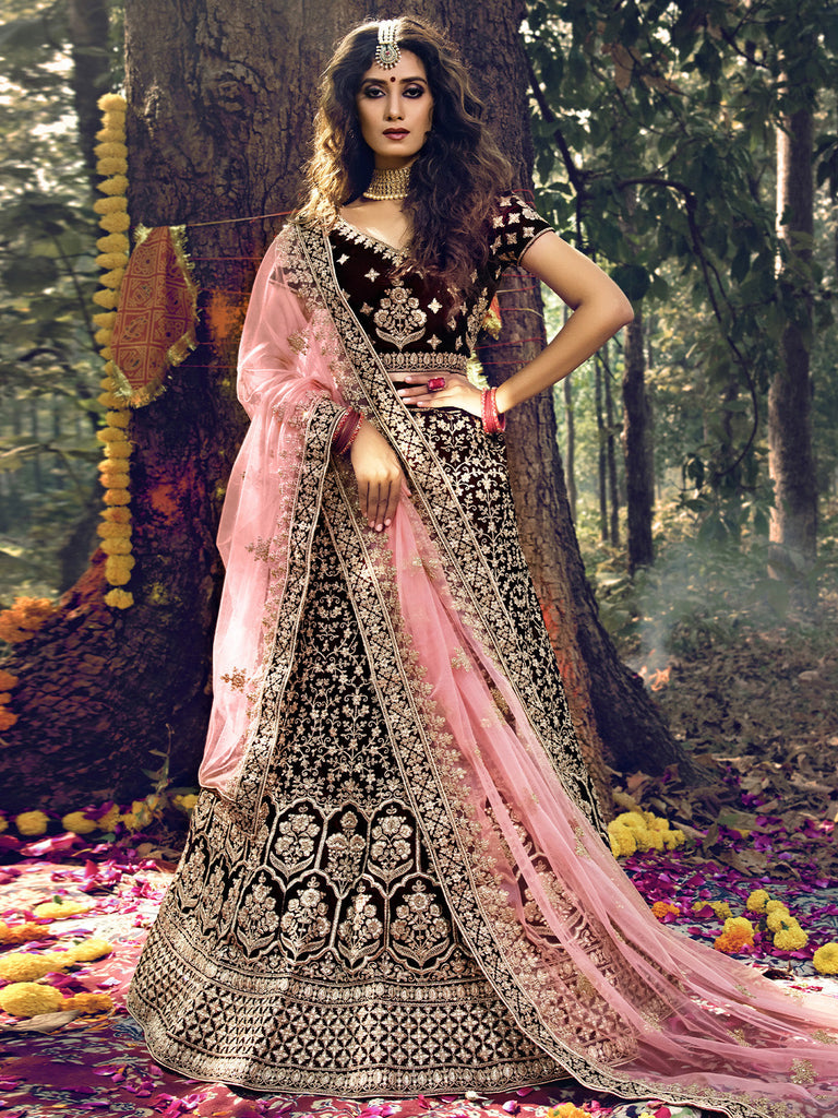 Maroon Pure Velvet Semi Stitched Lehenga With  Unstitched Blouse Clothsvilla