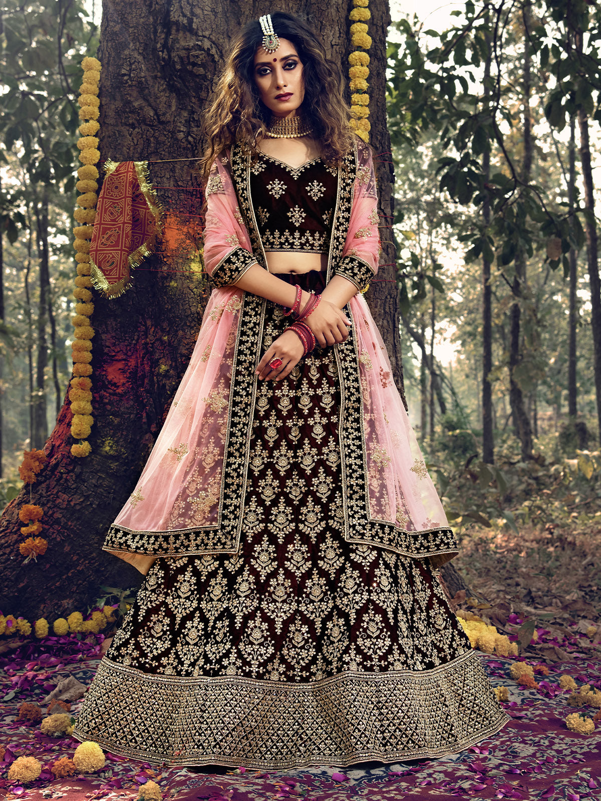 Maroon  Semi Stitched Lehenga With  Unstitched Blouse With Mirror Work Clothsvilla Main image