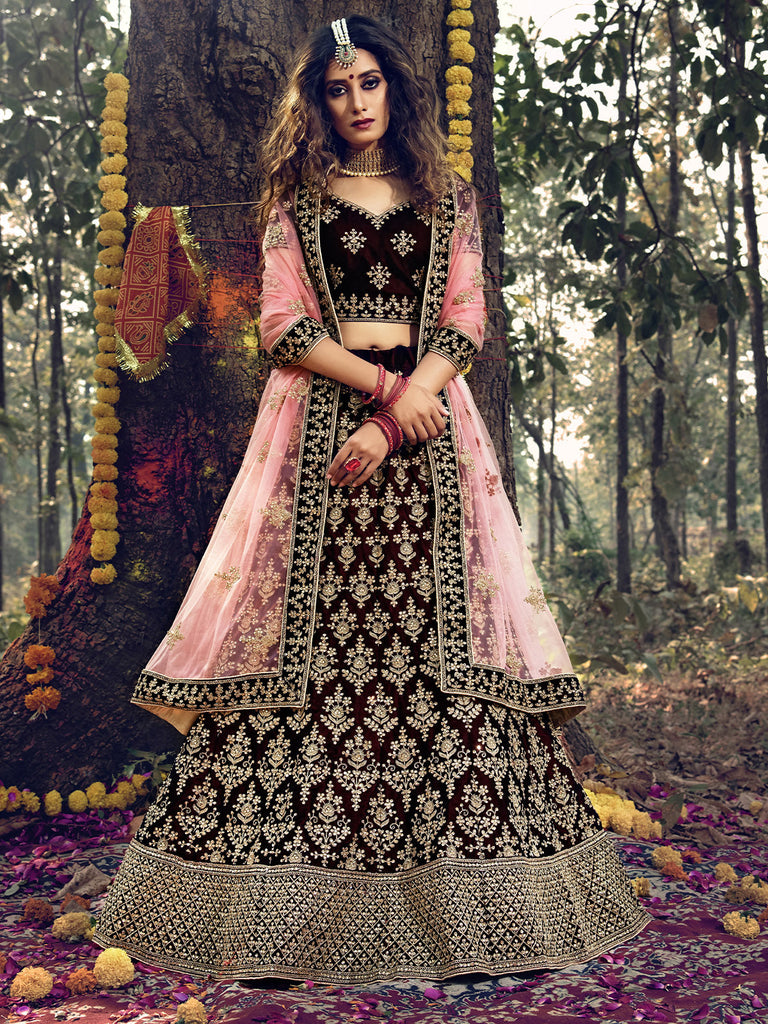 Maroon  Semi Stitched Lehenga With  Unstitched Blouse With Mirror Work Clothsvilla