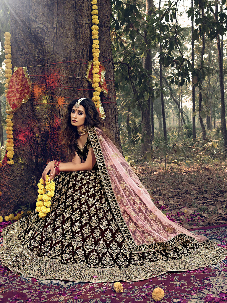 Maroon  Semi Stitched Lehenga With  Unstitched Blouse With Mirror Work Clothsvilla