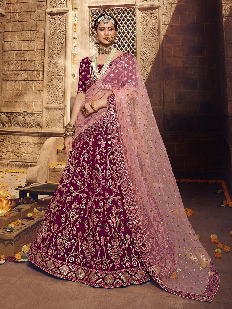 Purple Embroidered Georgette Semi Stitched Lehenga With Unstitched Blouse Clothsvilla