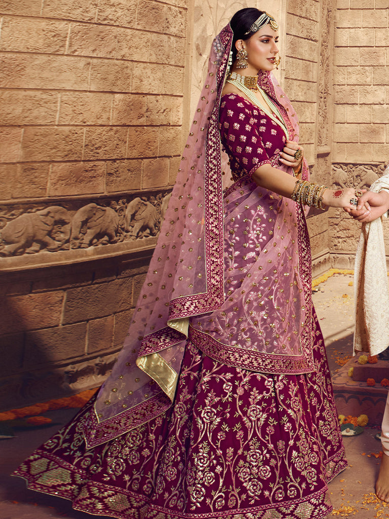 Purple Embroidered Georgette Semi Stitched Lehenga With Unstitched Blouse Clothsvilla