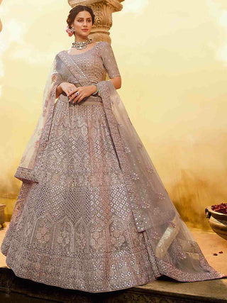 Beige Embroidered Butter Crepe Semi Stitched Lehenga With Unstitched Blouse Clothsvilla