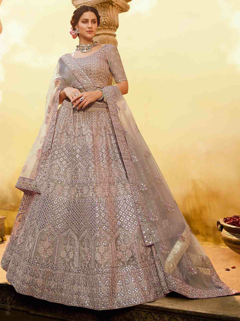 Beige Embroidered Butter Crepe Semi Stitched Lehenga With Unstitched Blouse Clothsvilla