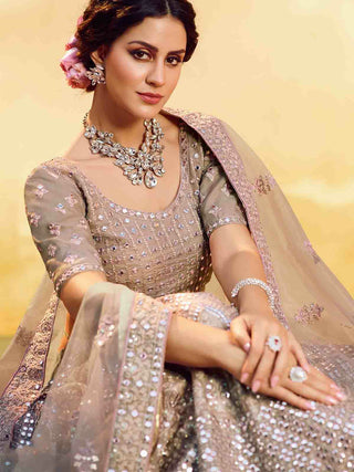 Beige Embroidered Butter Crepe Semi Stitched Lehenga With Unstitched Blouse Clothsvilla