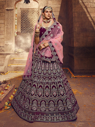 Violet Embroidered Velvet Semi Stitched Lehenga With Unstitched Blouse Clothsvilla