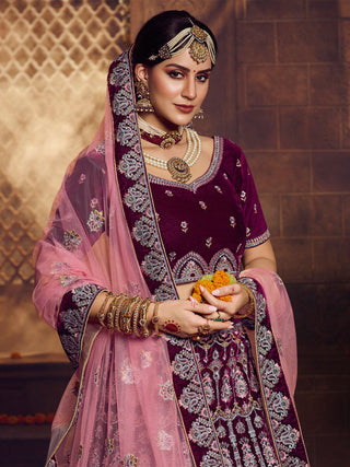 Violet Embroidered Velvet Semi Stitched Lehenga With Unstitched Blouse Clothsvilla
