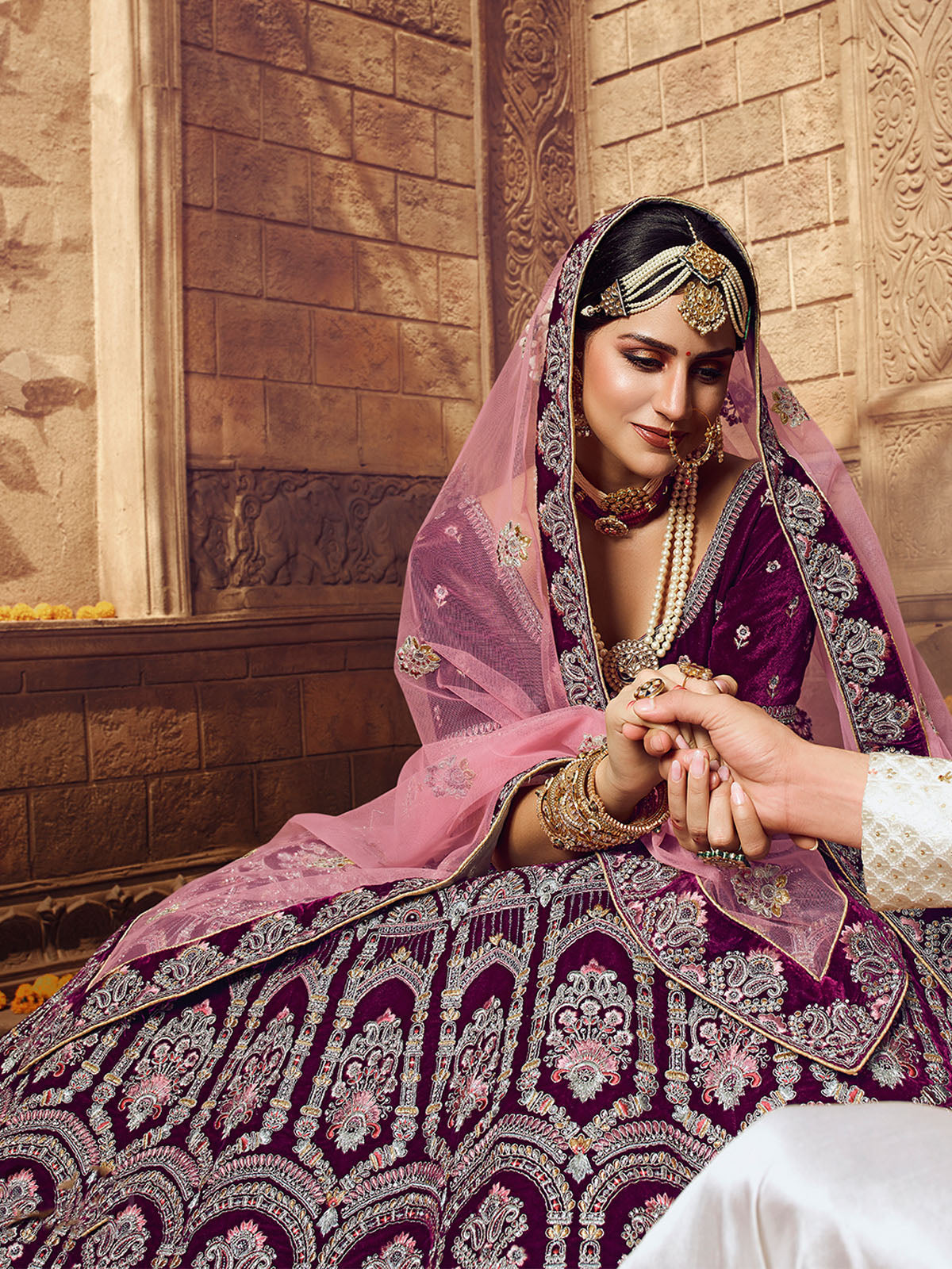 Violet Embroidered Velvet Semi Stitched Lehenga With Unstitched Blouse Clothsvilla
