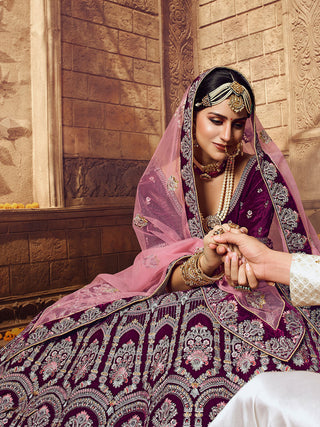 Violet Embroidered Velvet Semi Stitched Lehenga With Unstitched Blouse Clothsvilla